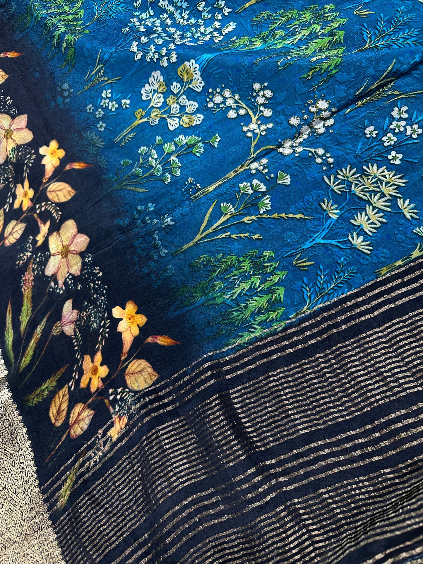 Floral Pure Chiffon Blue Saree