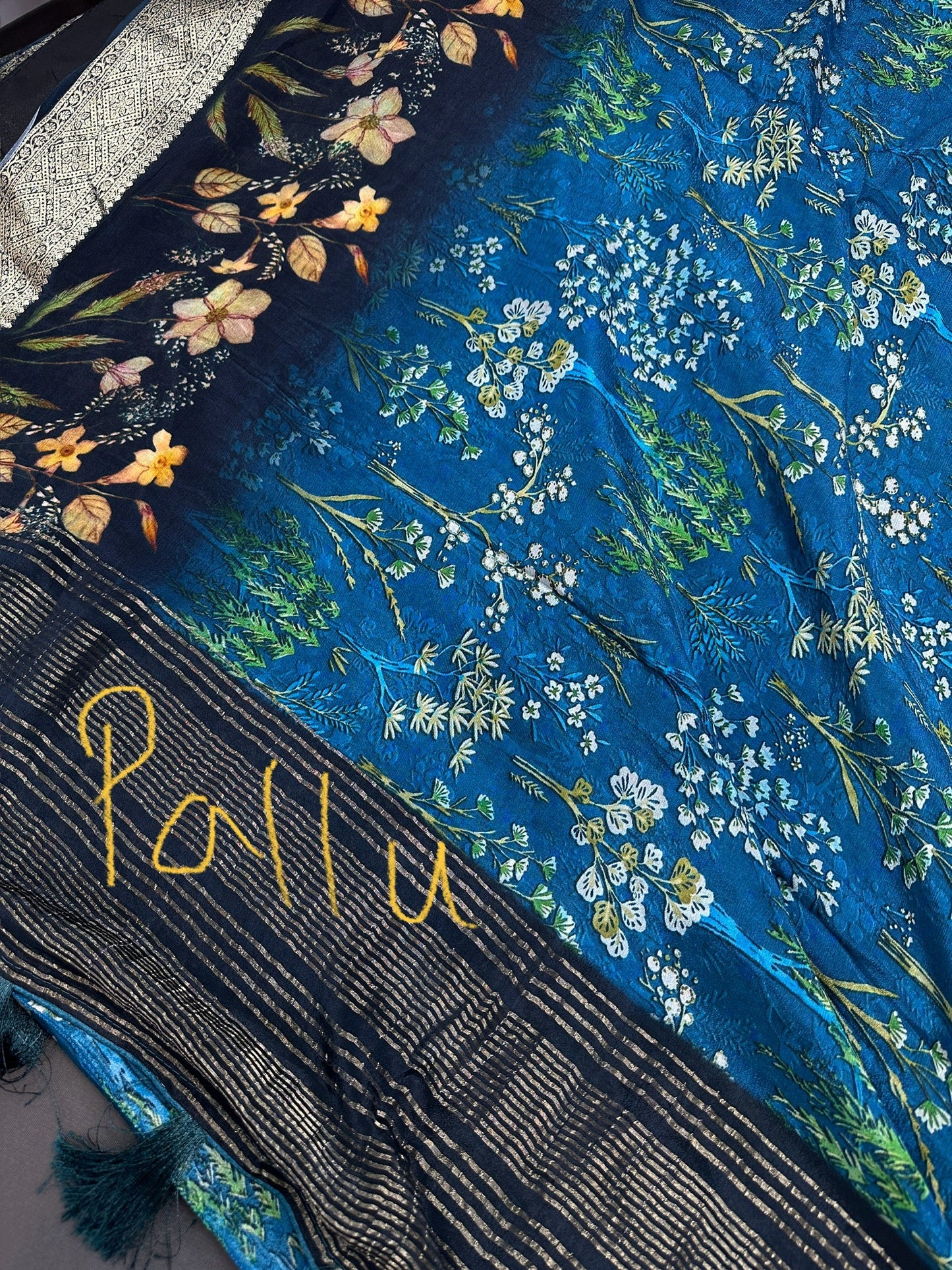Floral Pure Chiffon Blue Saree