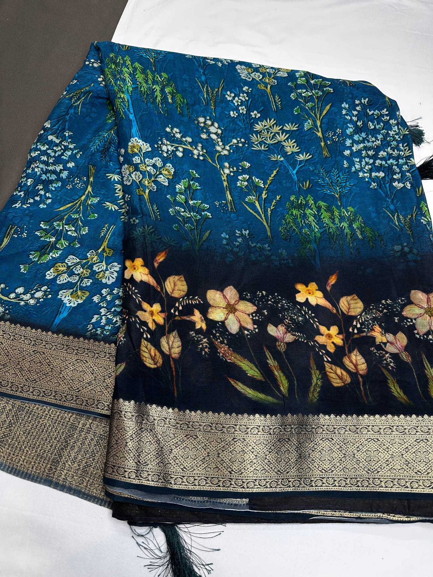 Floral Pure Chiffon Blue Saree