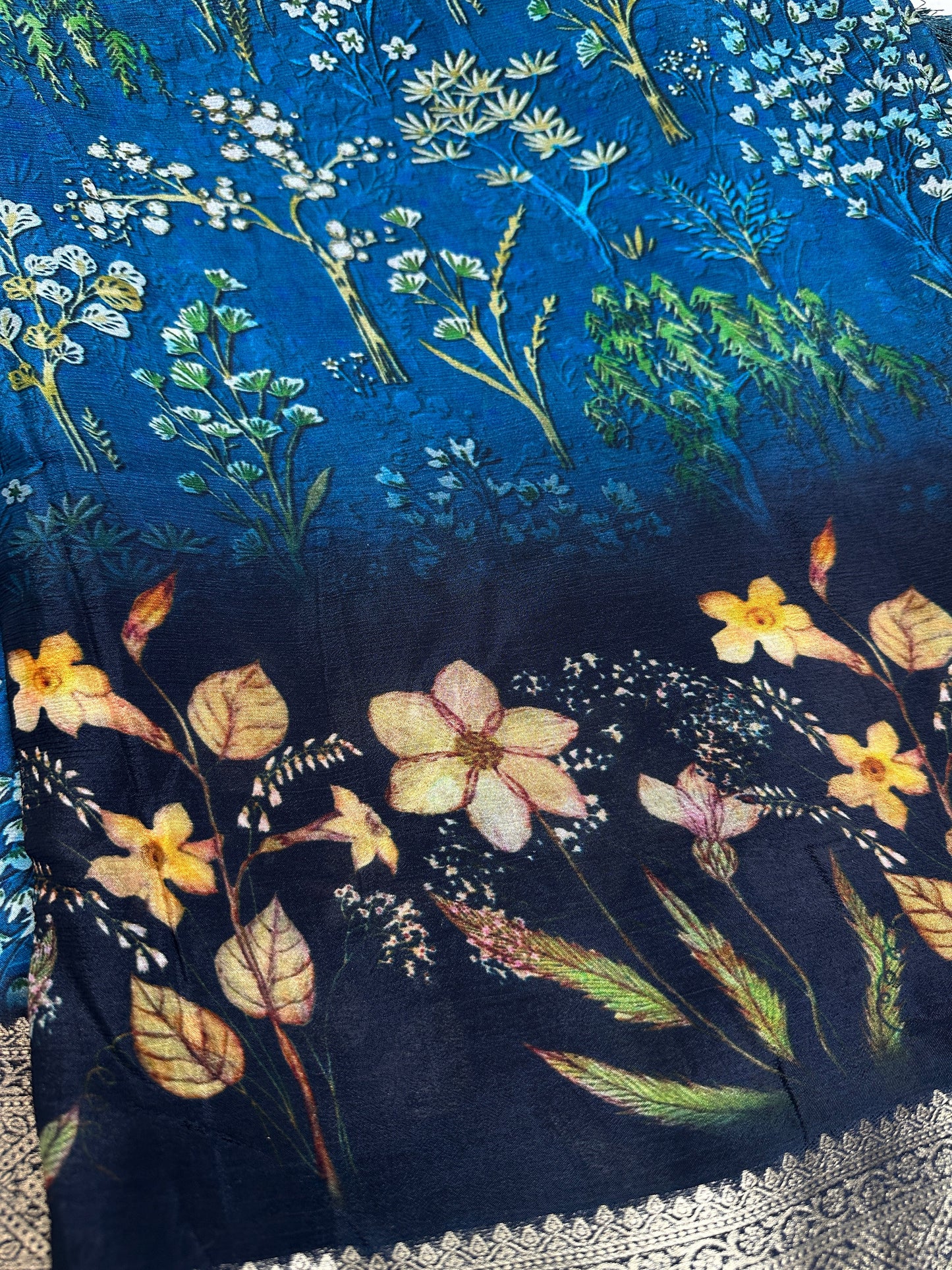 Floral Pure Chiffon Blue Saree