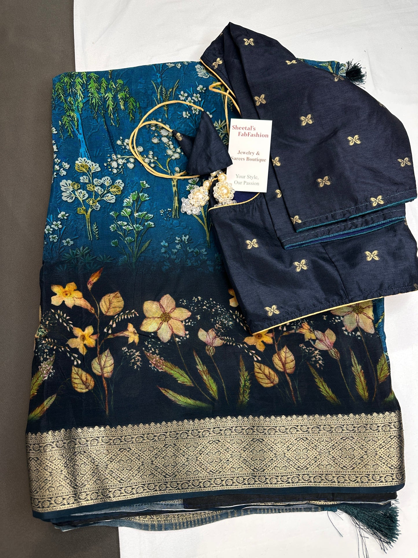 Floral Pure Chiffon Blue Saree