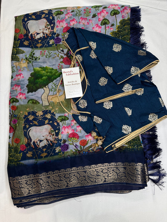 Floral Pure Chiffon Blue Saree