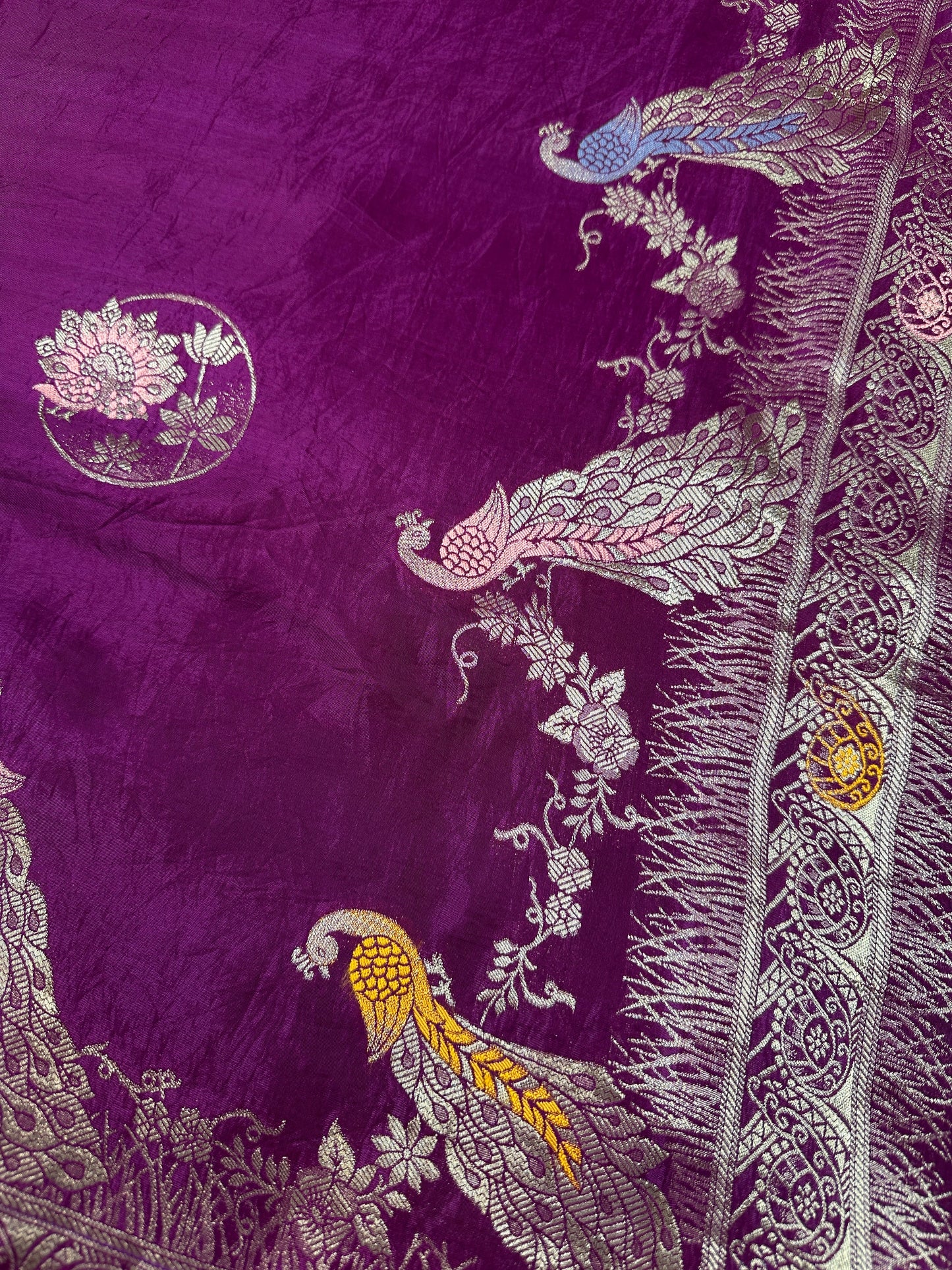 Purple Magenta Peacock Pattern Banarsi Silk Saree