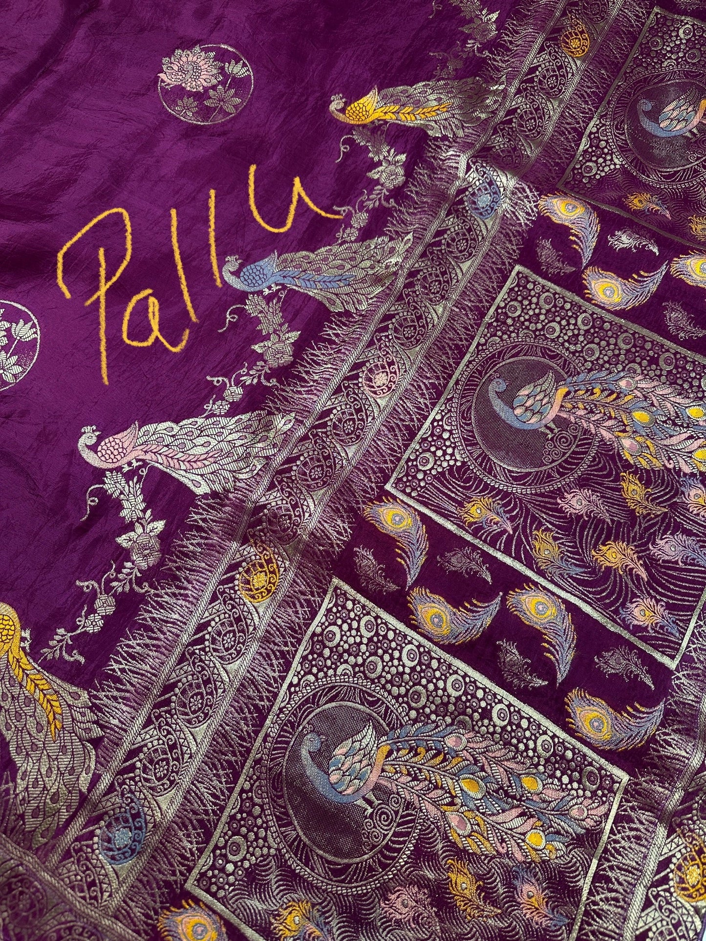 Purple Magenta Peacock Pattern Banarsi Silk Saree