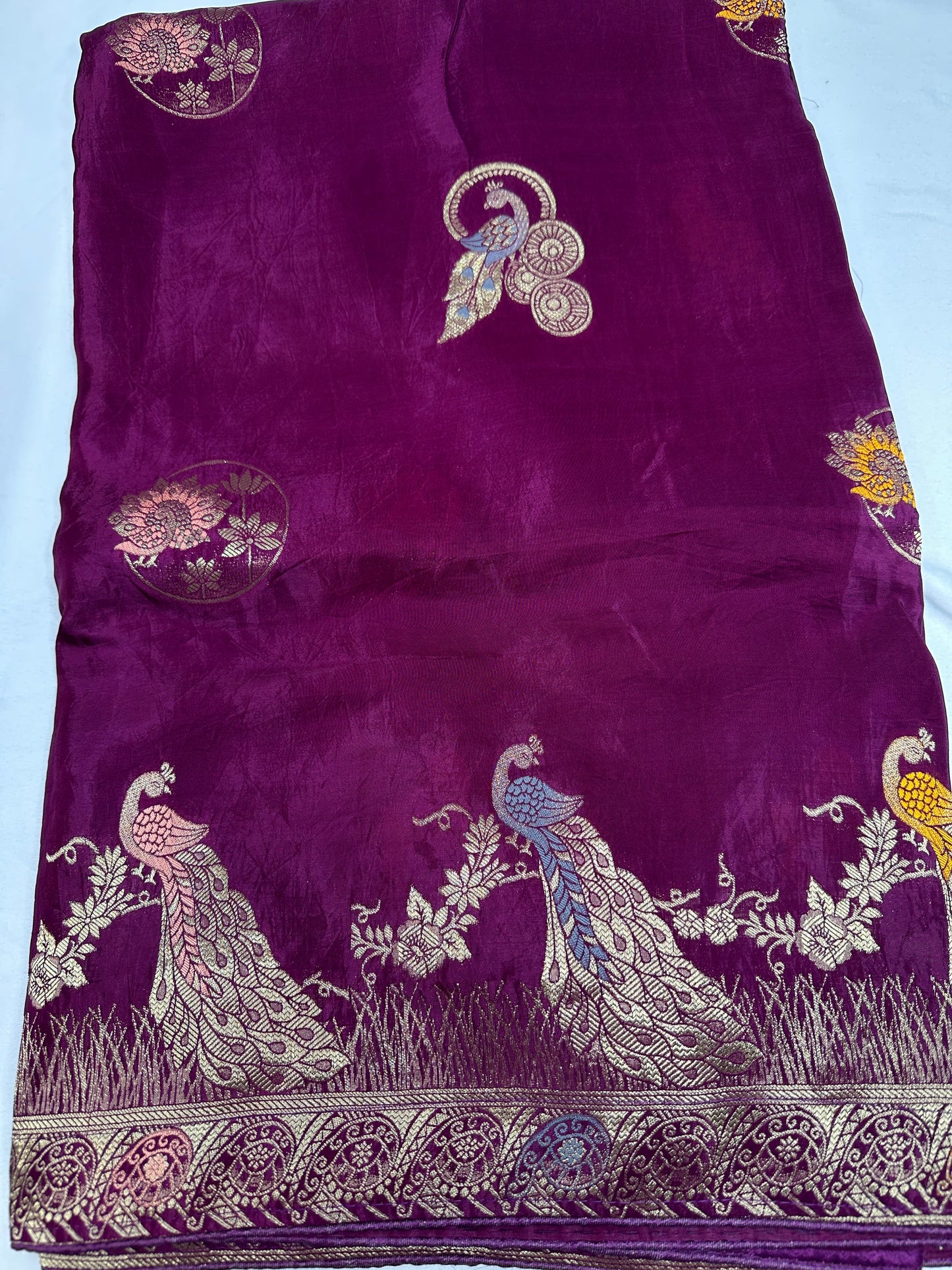 Purple Magenta Peacock Pattern Banarsi Silk Saree