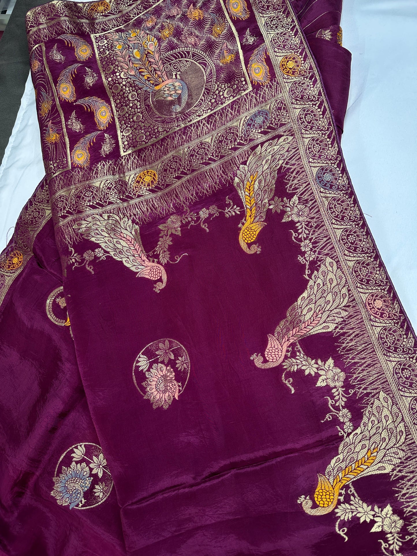 Purple Magenta Peacock Pattern Banarsi Silk Saree