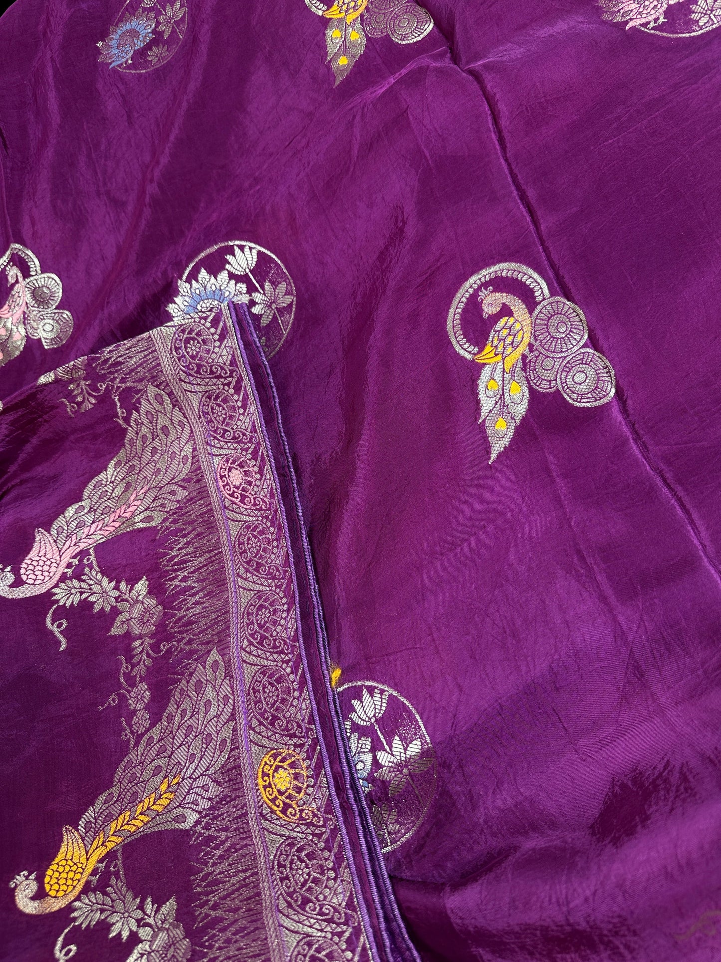 Purple Magenta Peacock Pattern Banarsi Silk Saree