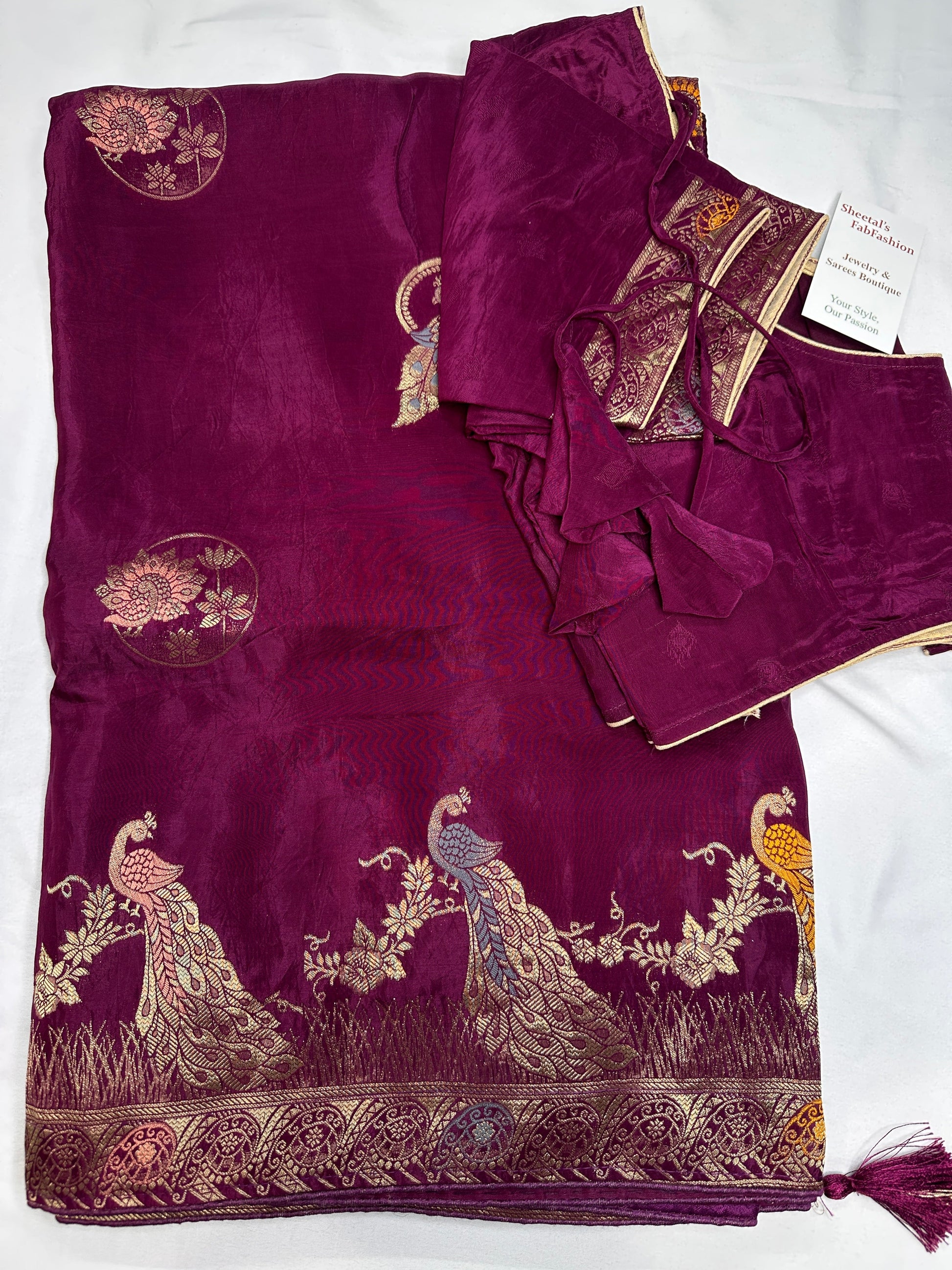 Purple Magenta Peacock Pattern Banarsi Silk Saree