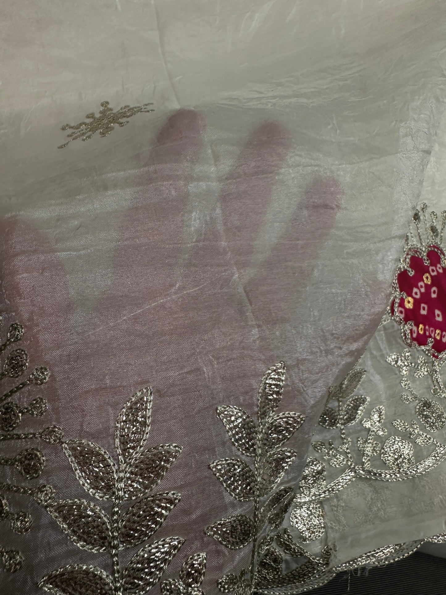 White Organza Tissue Silk Saree with Badhani Blouse