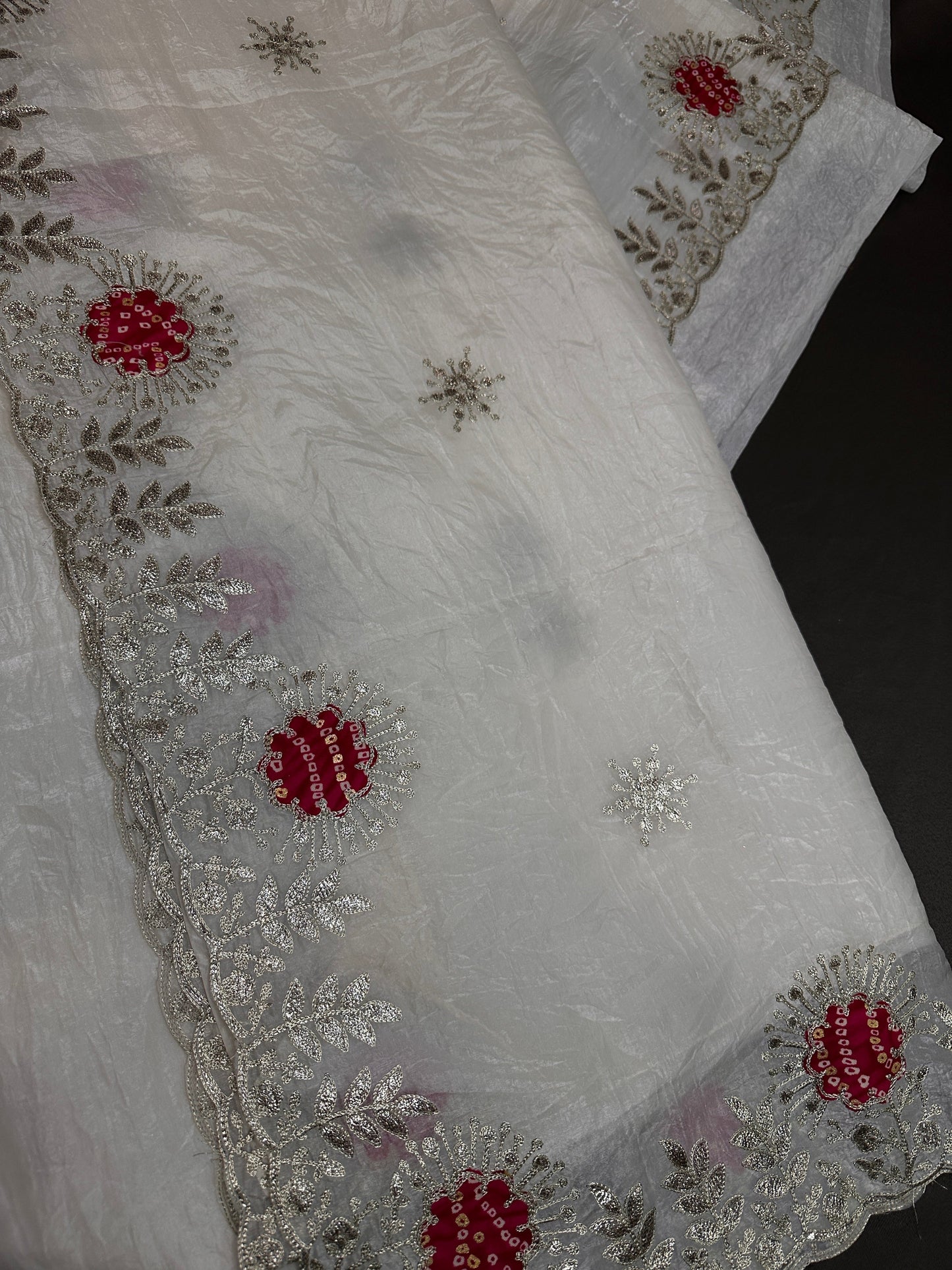 White Organza Tissue Silk Saree with Badhani Blouse