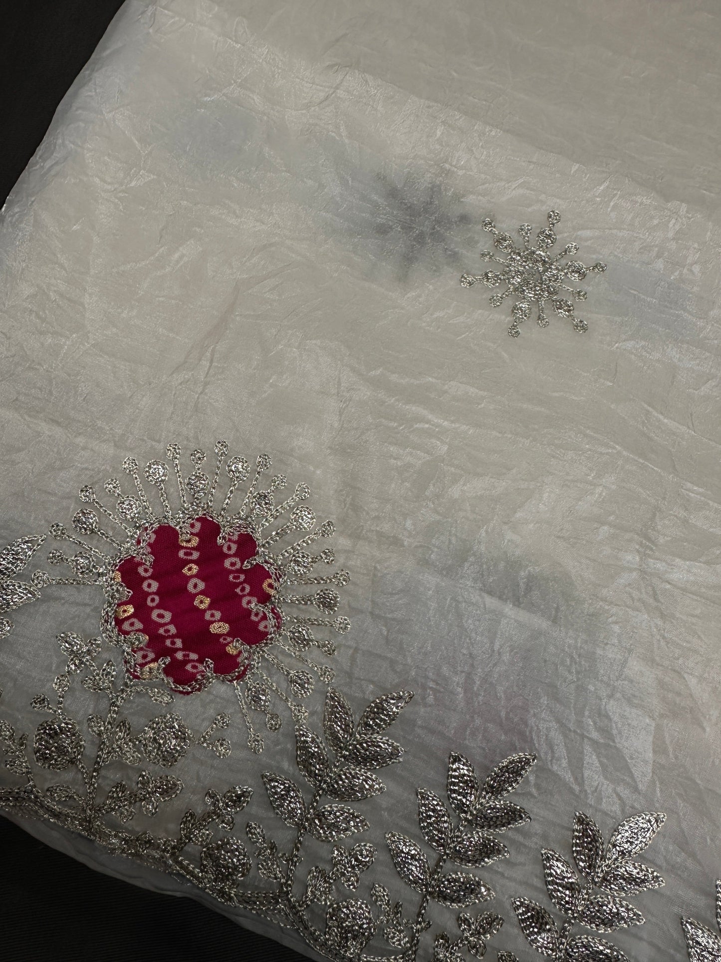 White Organza Tissue Silk Saree with Badhani Blouse