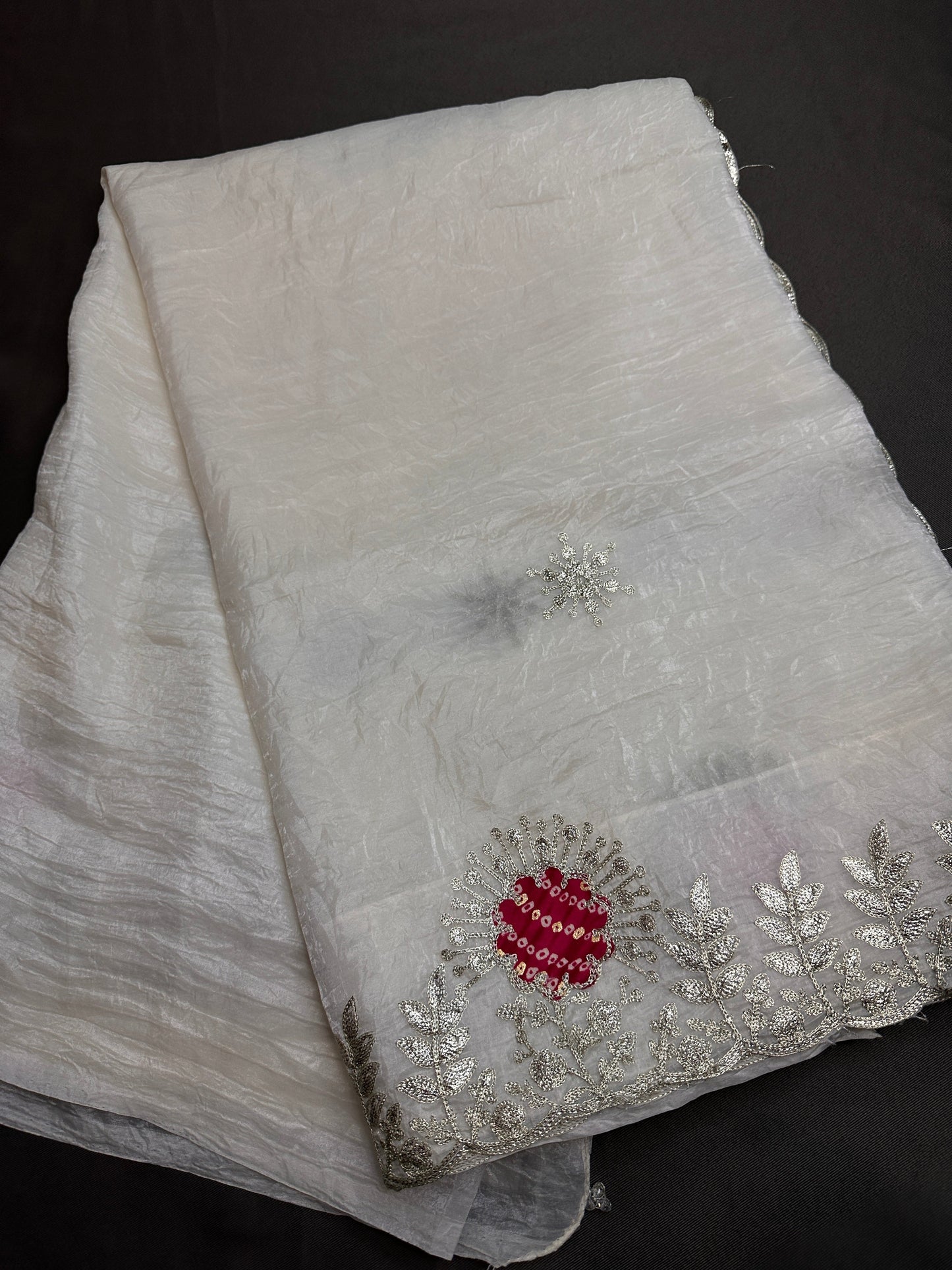 White Organza Tissue Silk Saree with Badhani Blouse