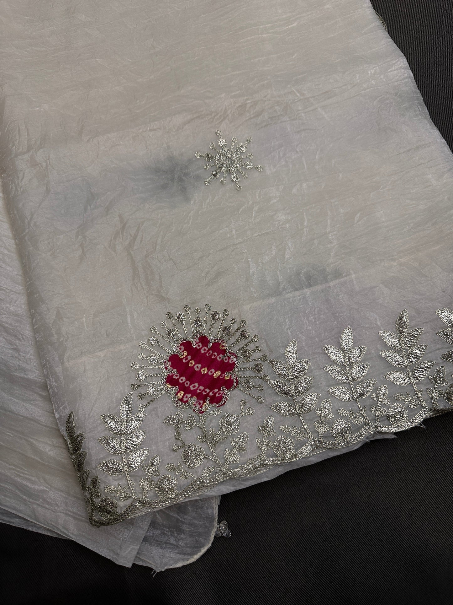 White Organza Tissue Silk Saree with Badhani Blouse