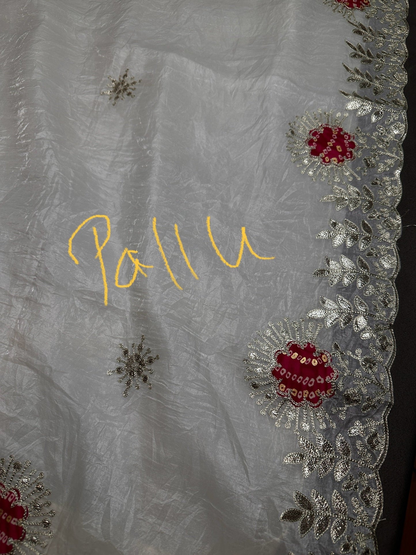 White Organza Tissue Silk Saree with Badhani Blouse