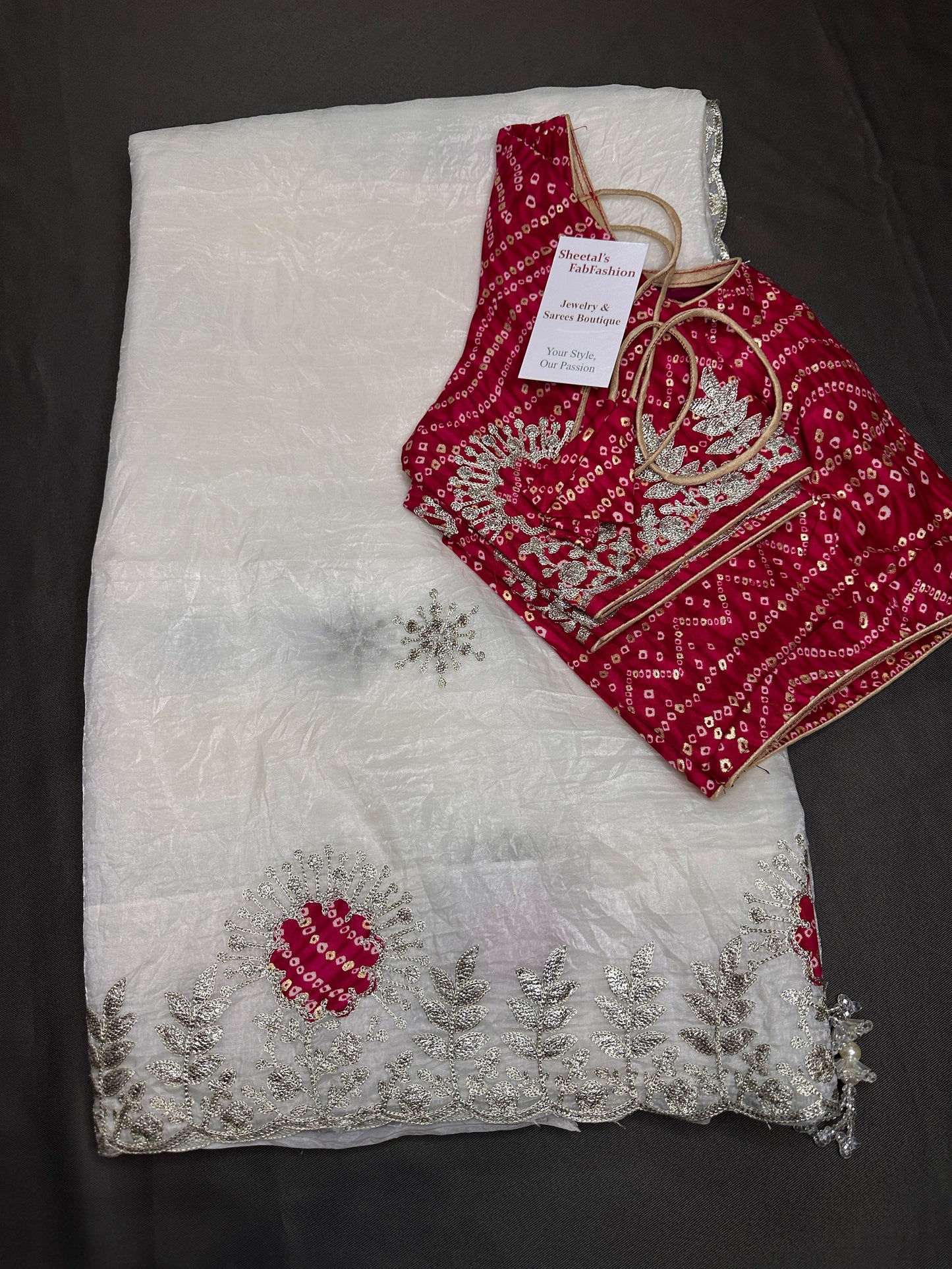 White Organza Tissue Silk Saree with Badhani Blouse