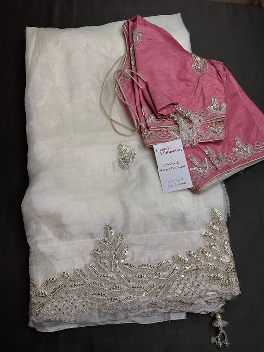 White Organza Designer Tissue Silk Saree With Sequence