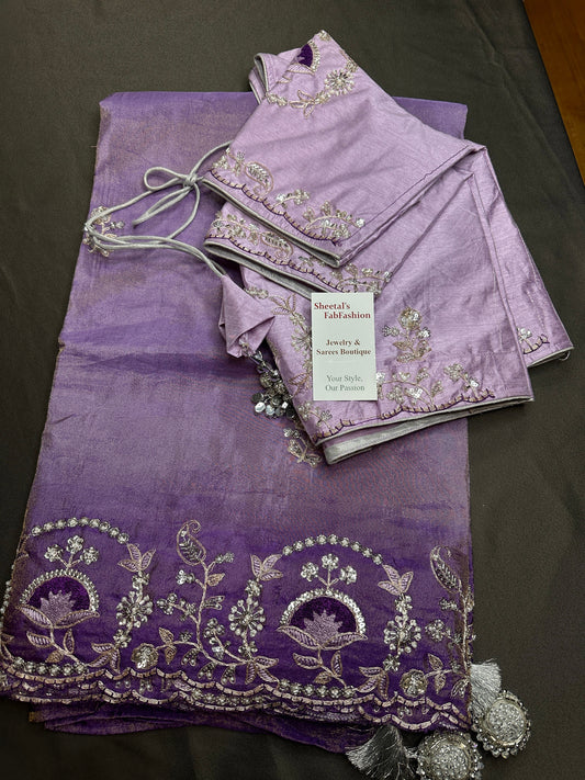 Purple lavender Organza Designer Tissue Silk Saree