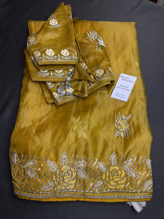Yellow Organza Designer Tissue Sequence Saree