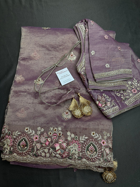 Mauve Organza Designer Tissue Sequence Saree
