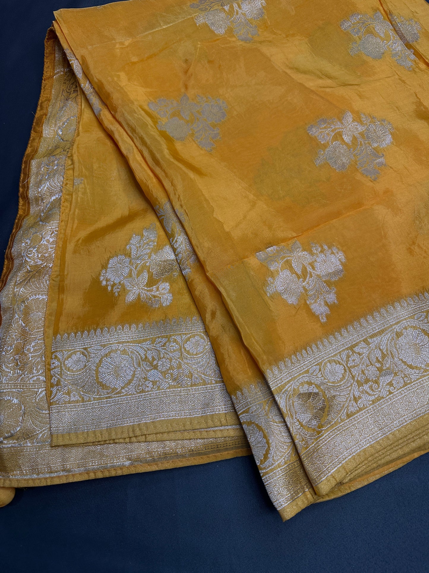 Yellow Banarsi Crepe Silver Weaving Saree