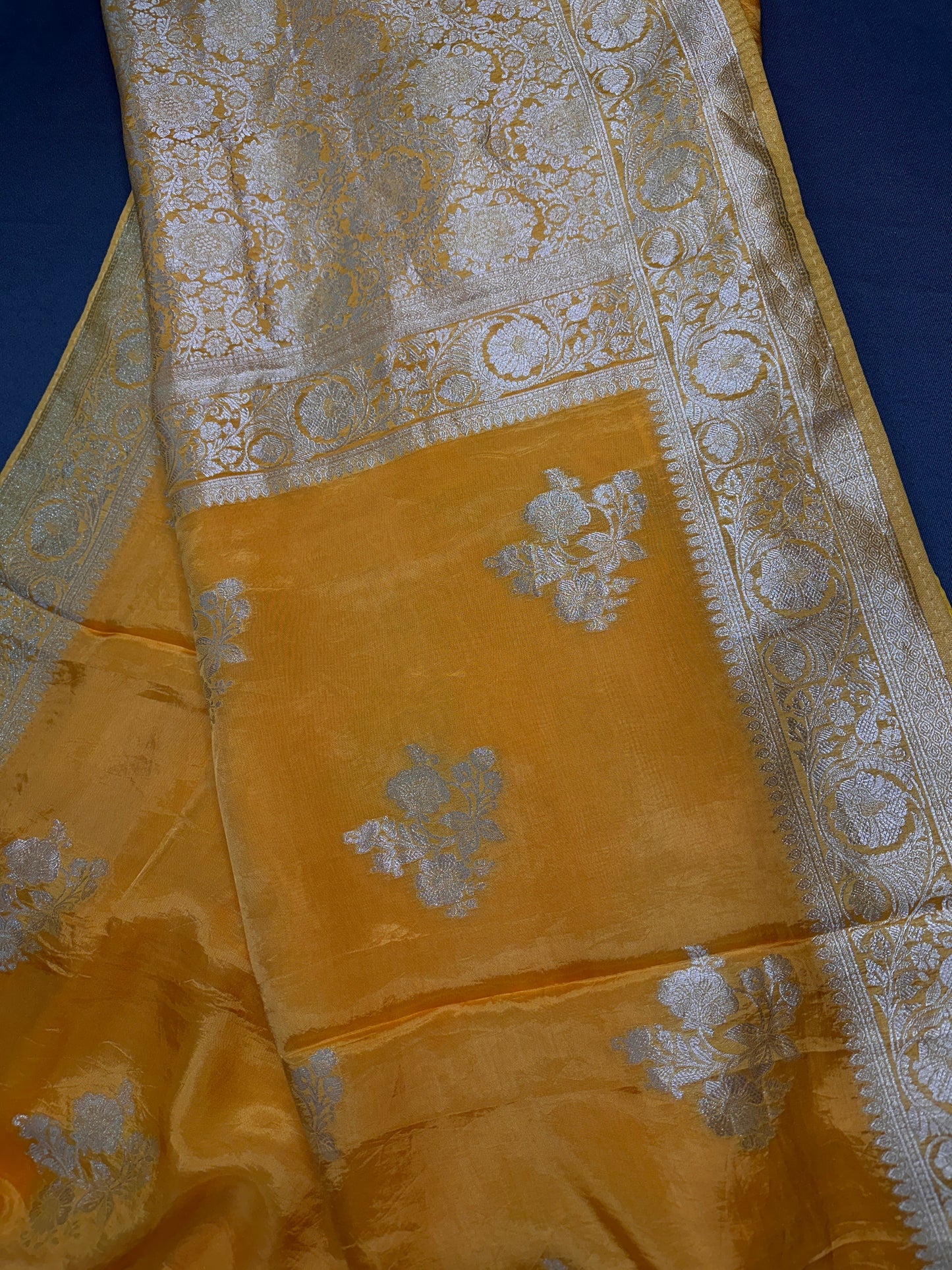 Yellow Banarsi Crepe Silver Weaving Saree