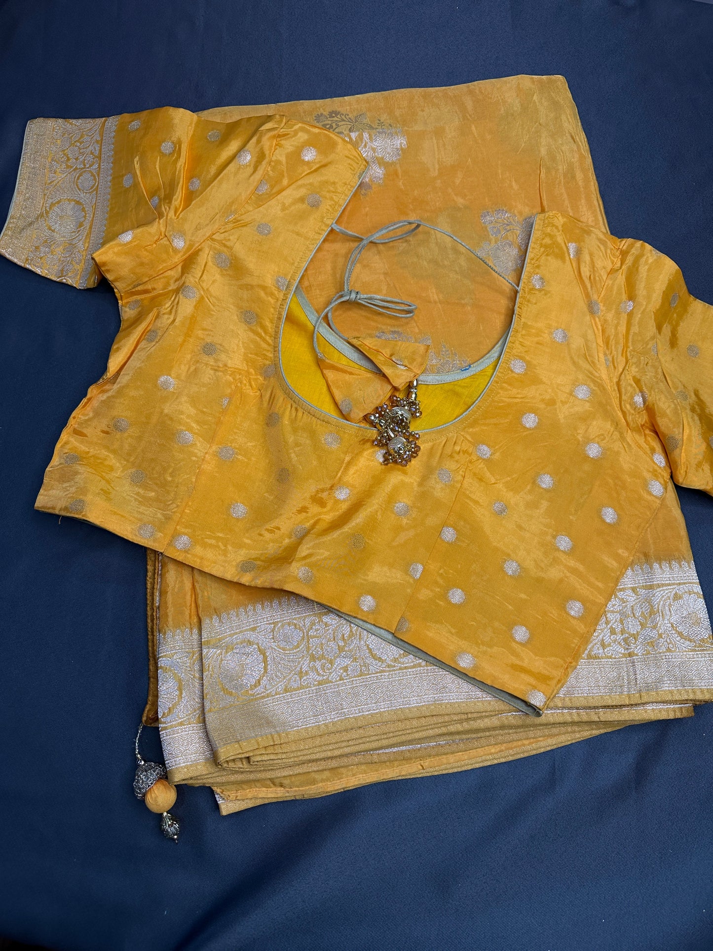 Yellow Banarsi Crepe Silver Weaving Saree