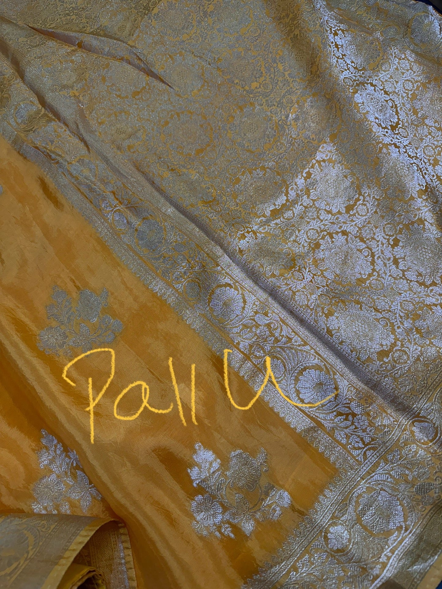 Yellow Banarsi Crepe Silver Weaving Saree