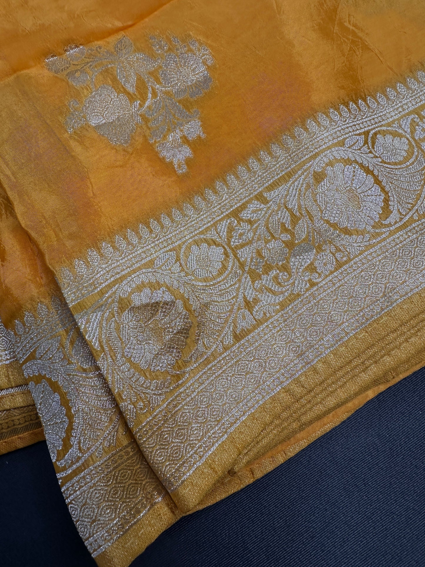 Yellow Banarsi Crepe Silver Weaving Saree