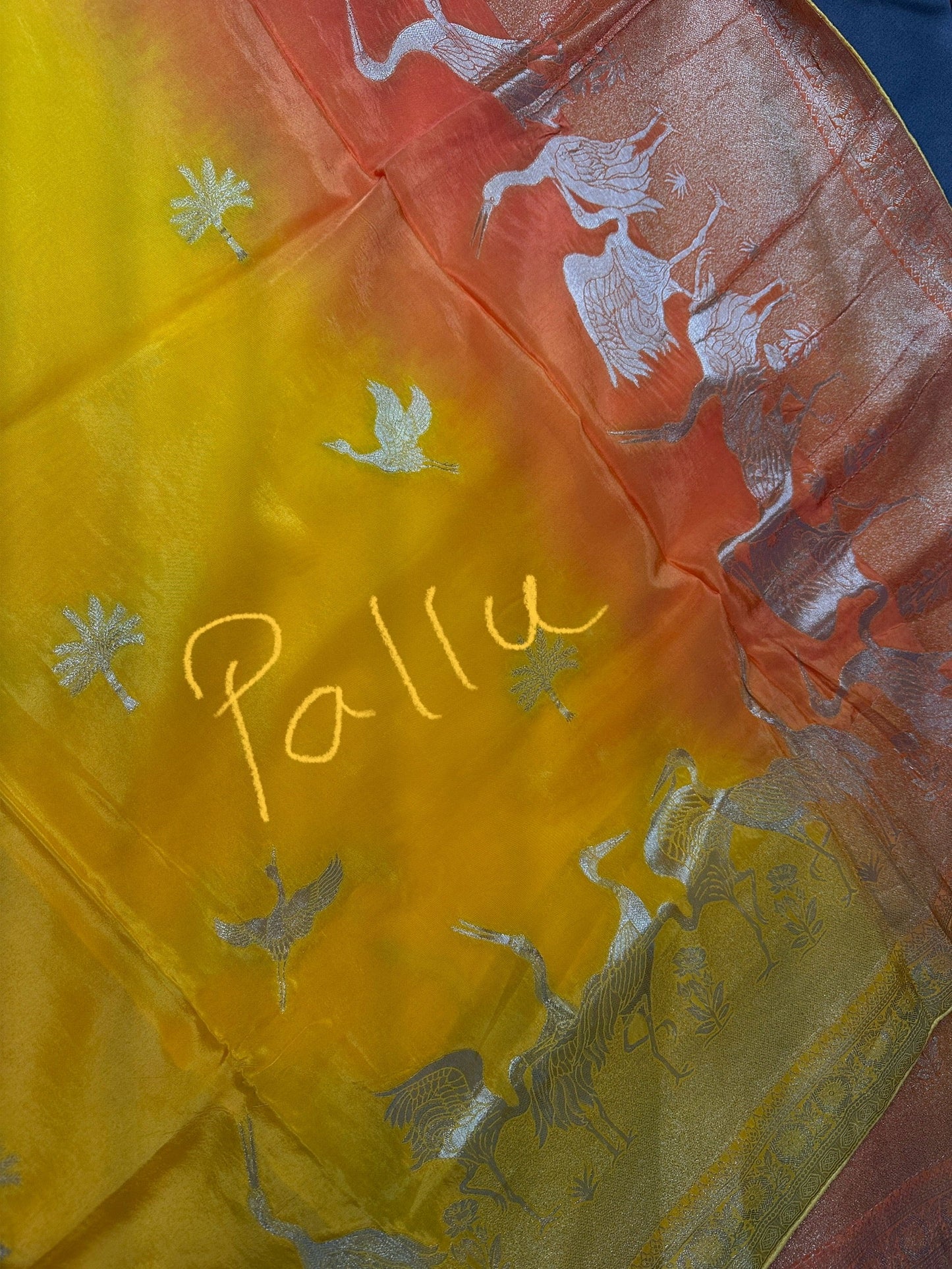 Yellow Orange Half n Half Banarsi Crepe Silver Weaving Saree