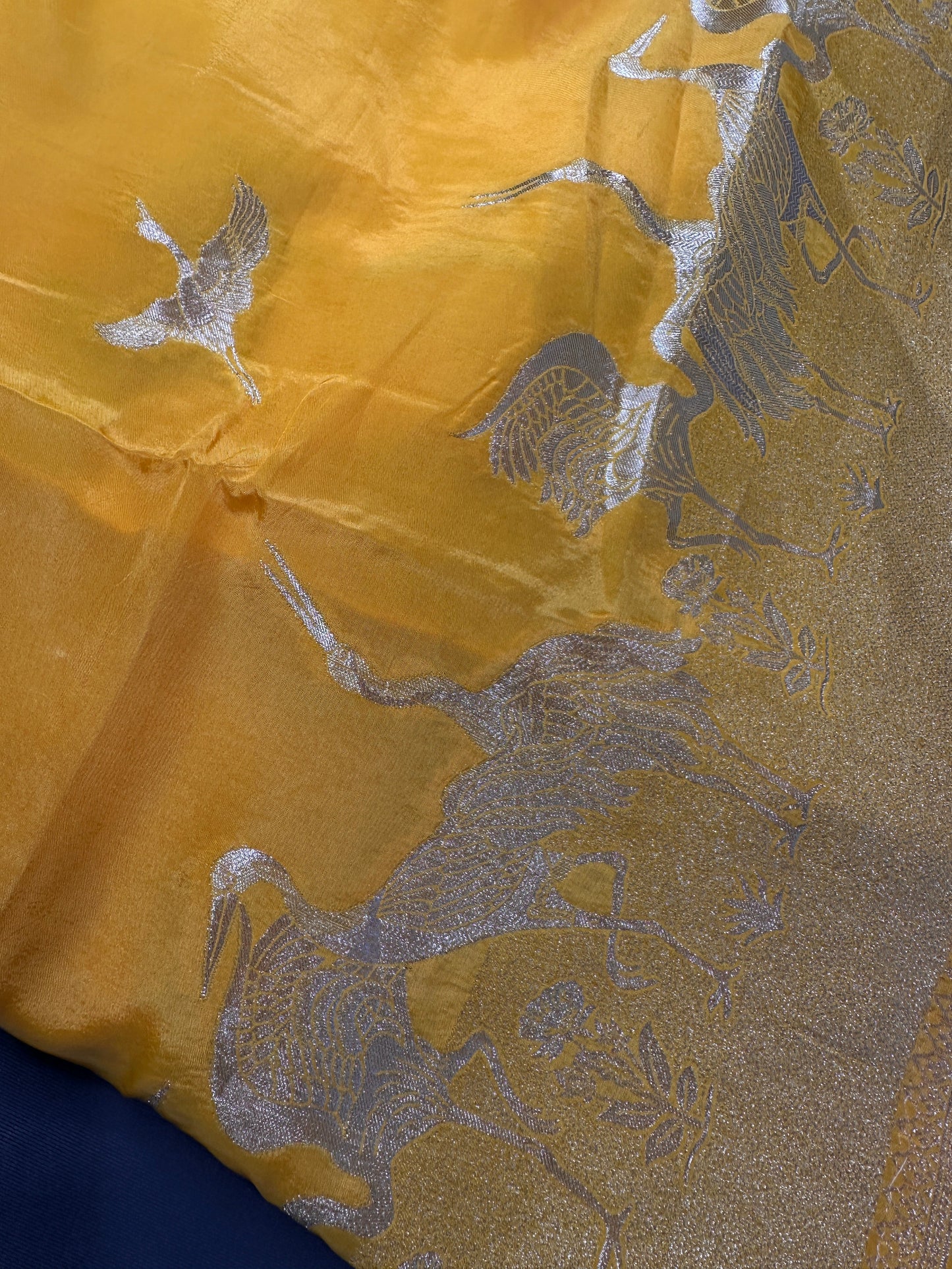 Yellow Orange Half n Half Banarsi Crepe Silver Weaving Saree