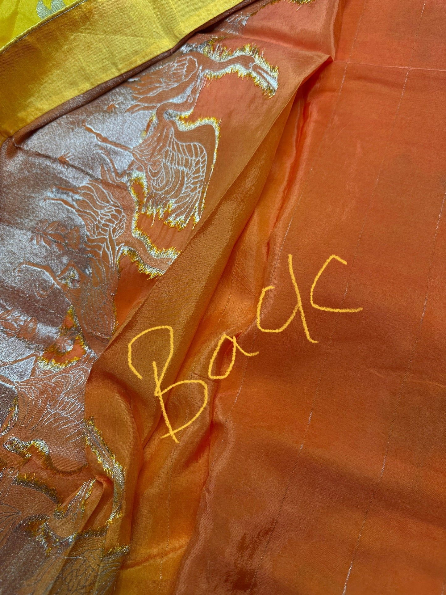 Yellow Orange Half n Half Banarsi Crepe Silver Weaving Saree