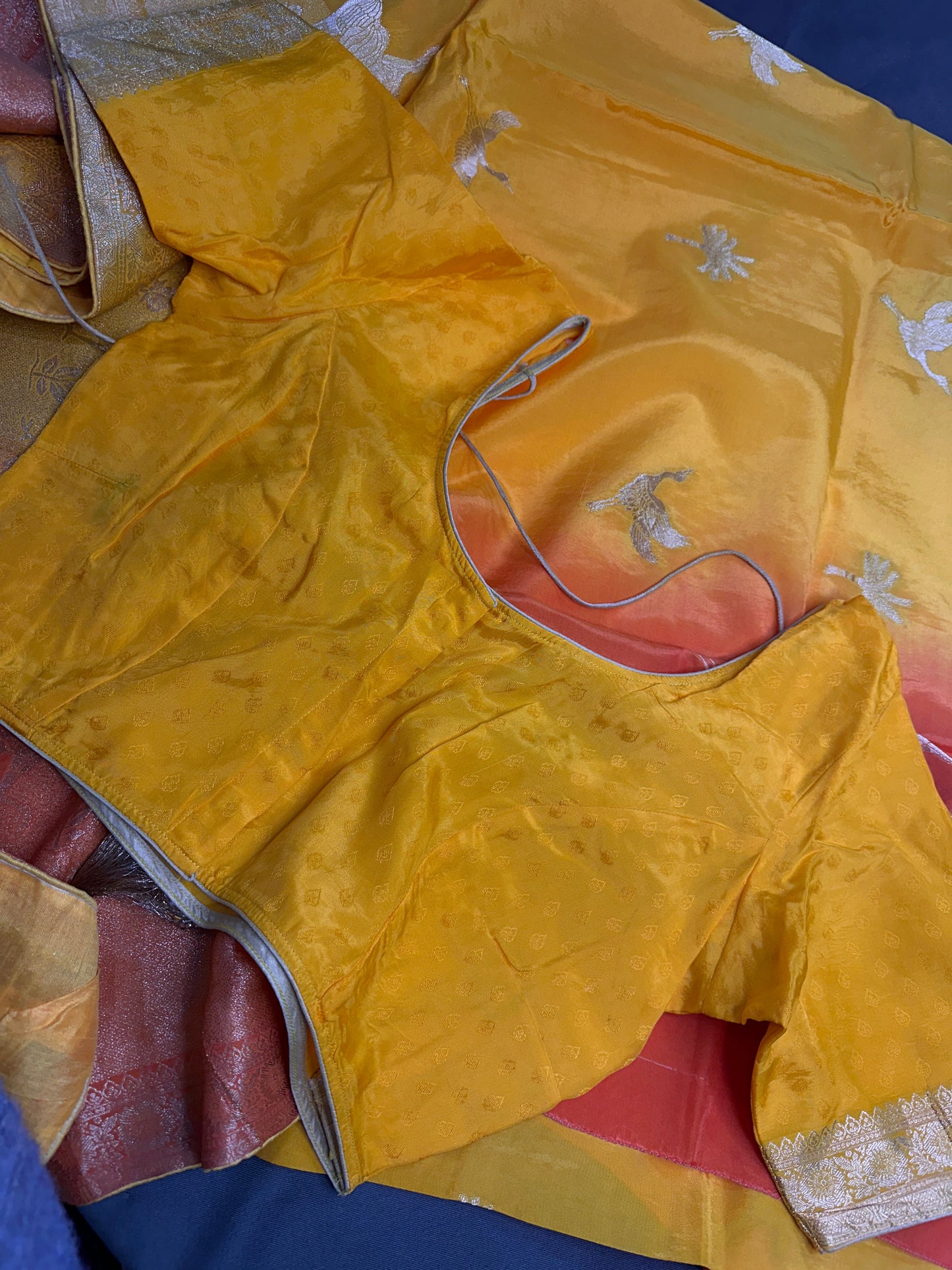 Yellow Orange Half n Half Banarsi Crepe Silver Weaving Saree