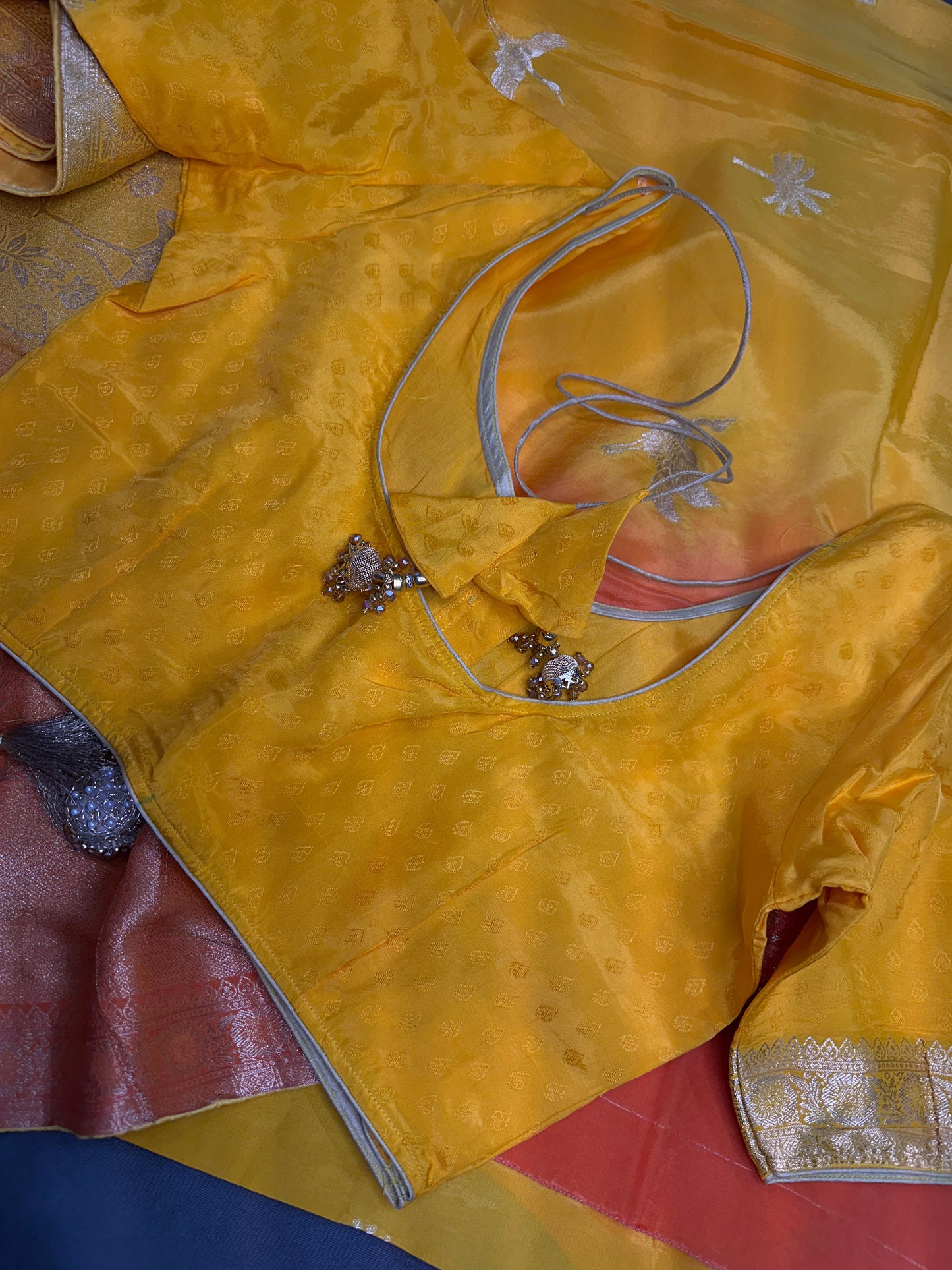 Yellow Orange Half n Half Banarsi Crepe Silver Weaving Saree