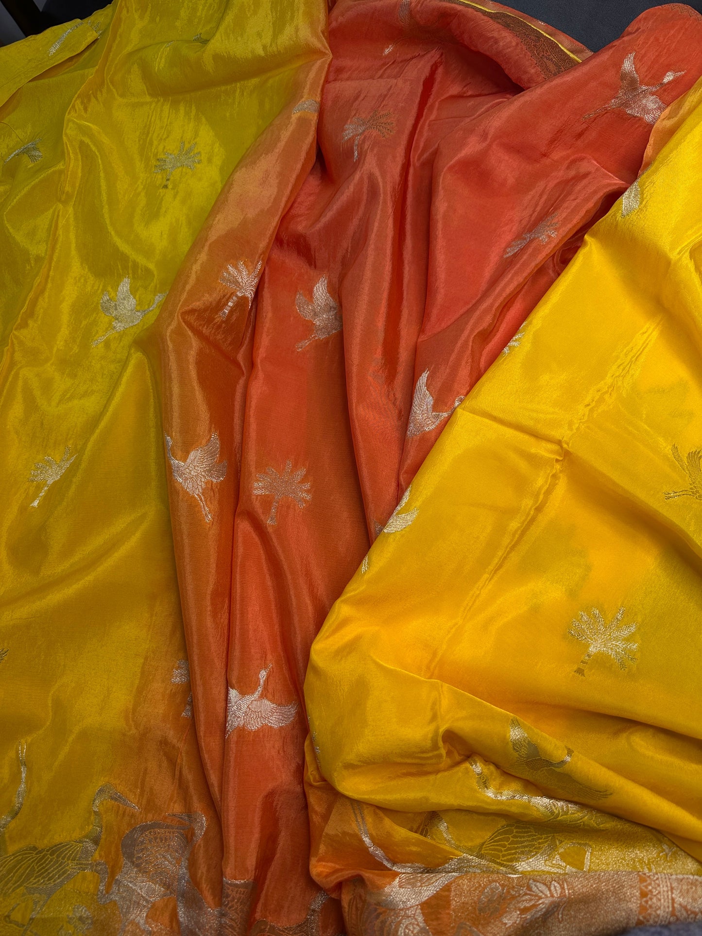 Yellow Orange Half n Half Banarsi Crepe Silver Weaving Saree