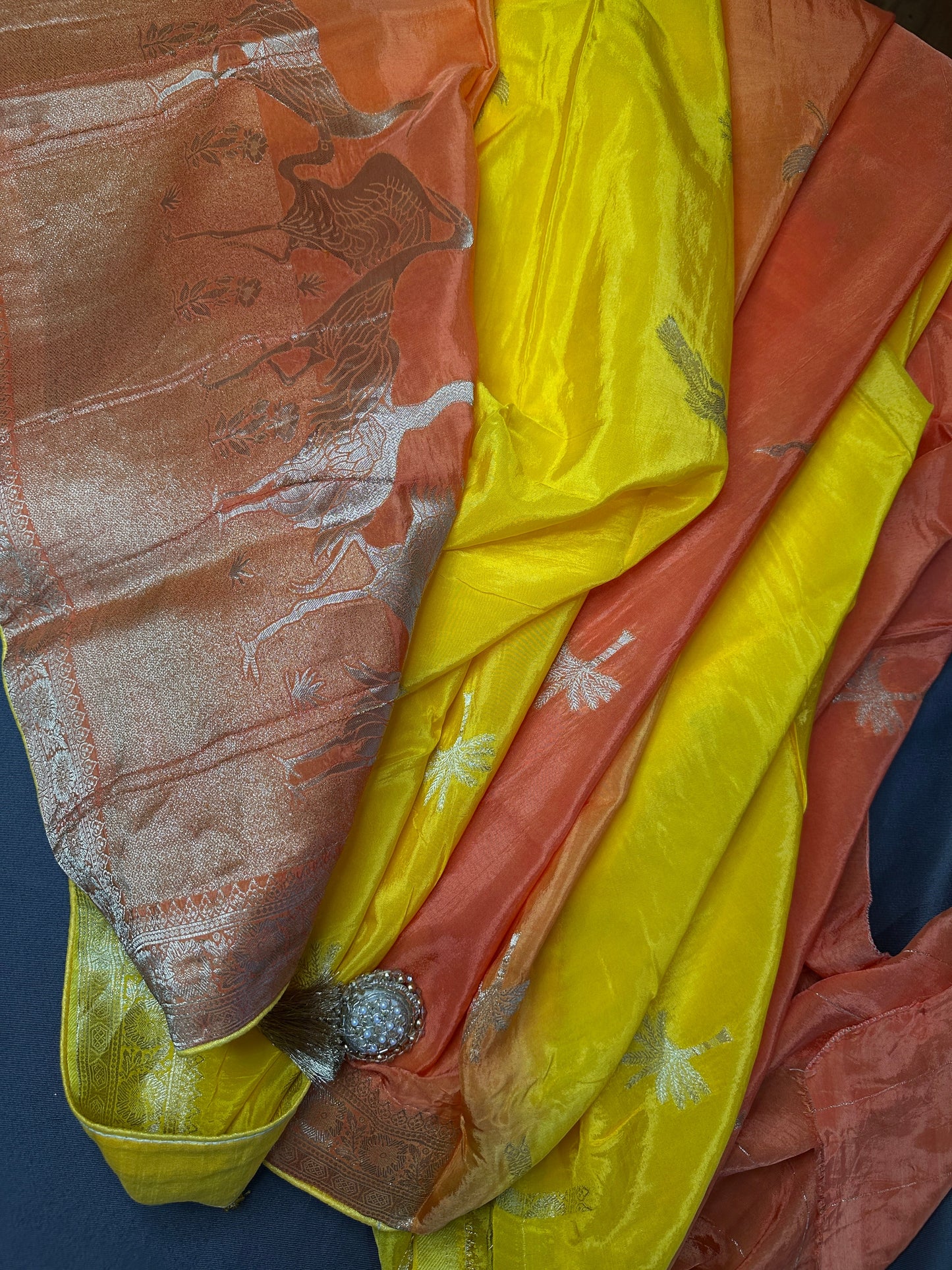 Yellow Orange Half n Half Banarsi Crepe Silver Weaving Saree