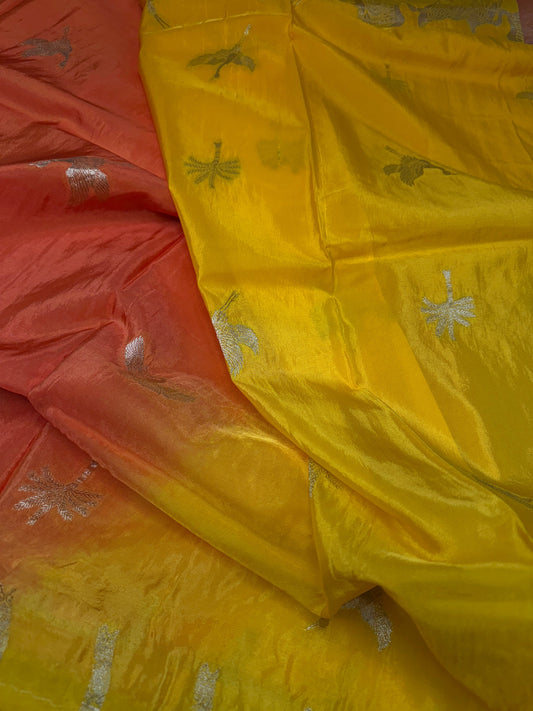 Yellow Orange Half n Half Banarsi Crepe Silver Weaving Saree