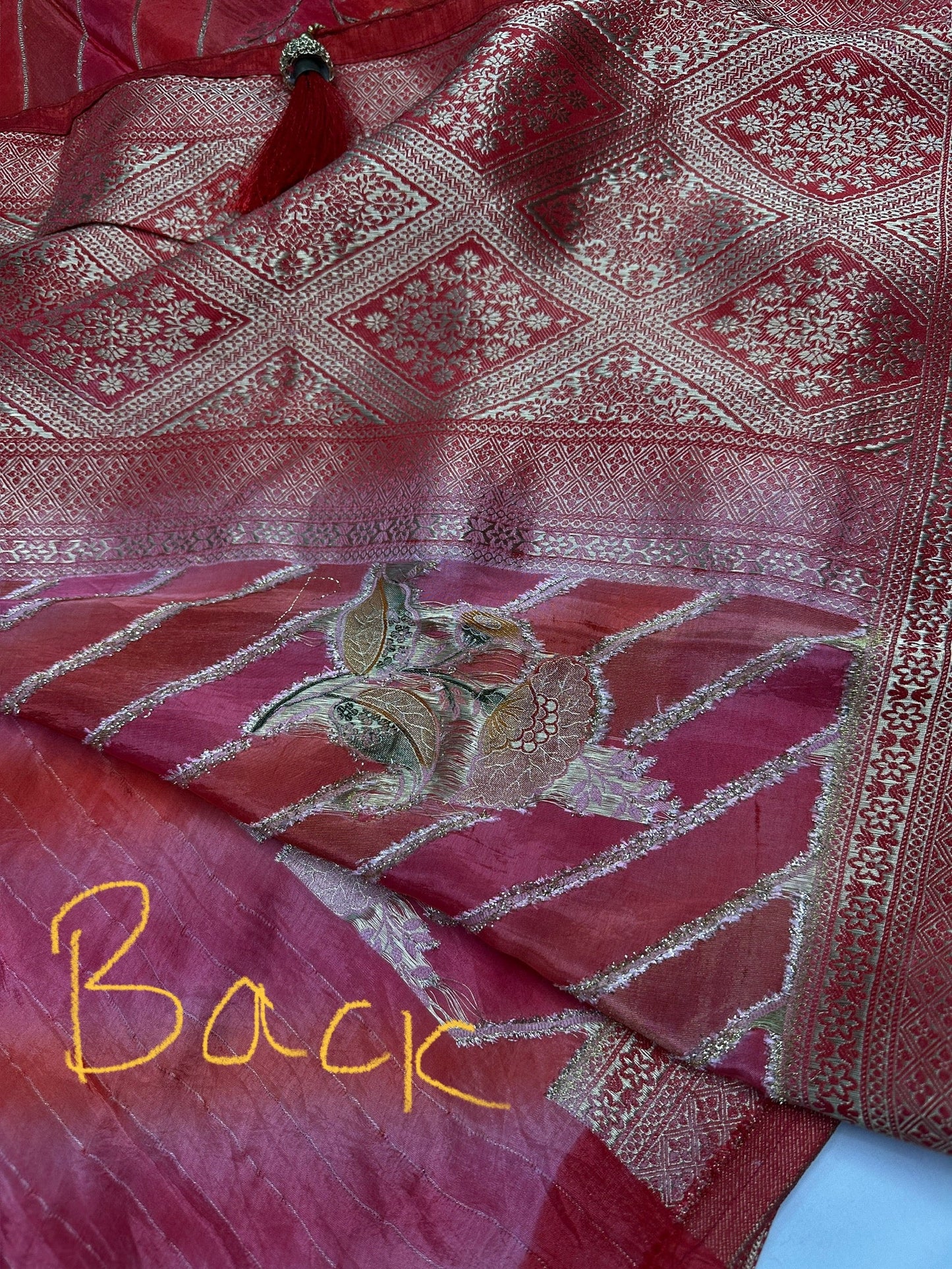 Red Banarsi Crepe Floral Lehriya Weaving Saree