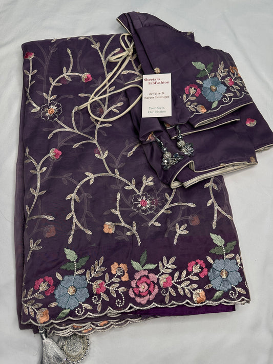Purple Organza Designer Tissue Sequence Saree
