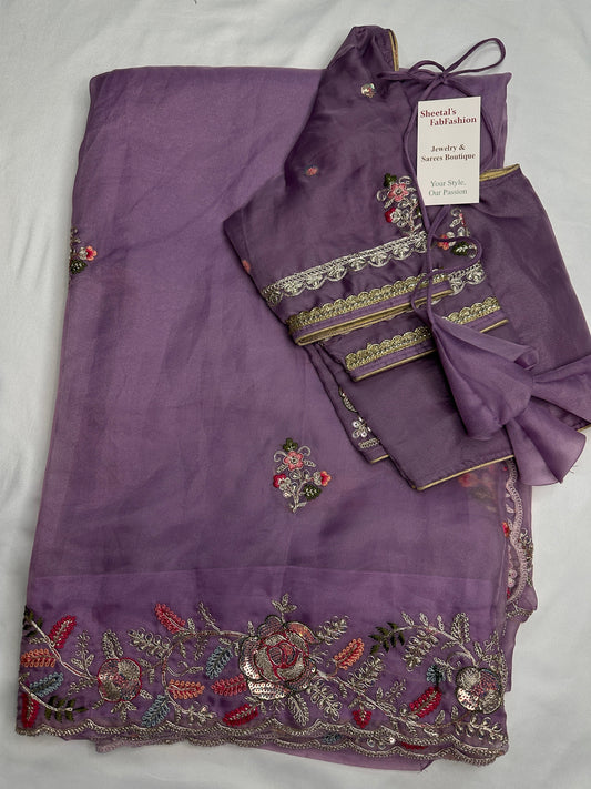 Purple Organza Designer Tissue Sequence Saree