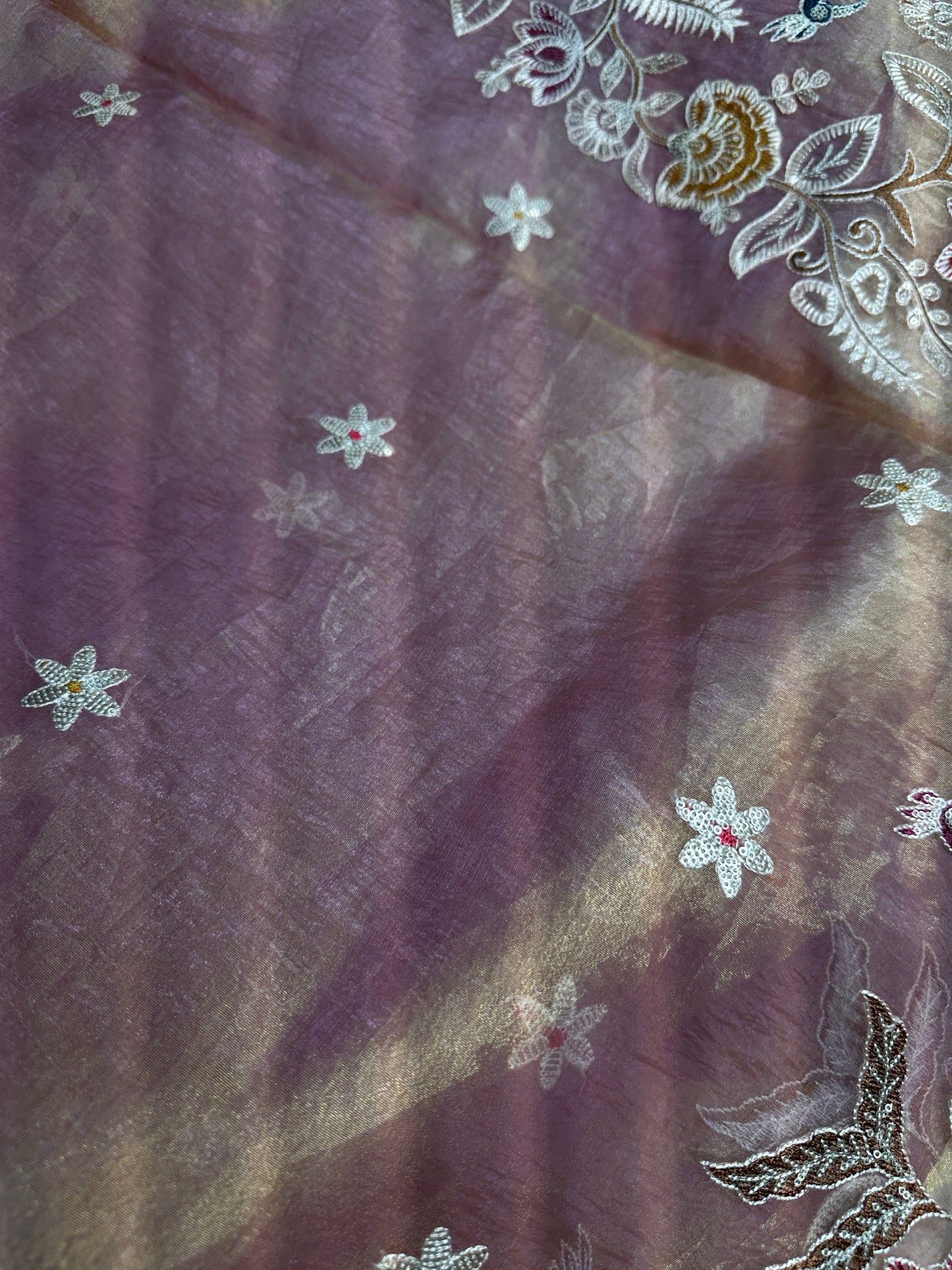 Gold Mauve Organza Designer Tissue Sequence Saree
