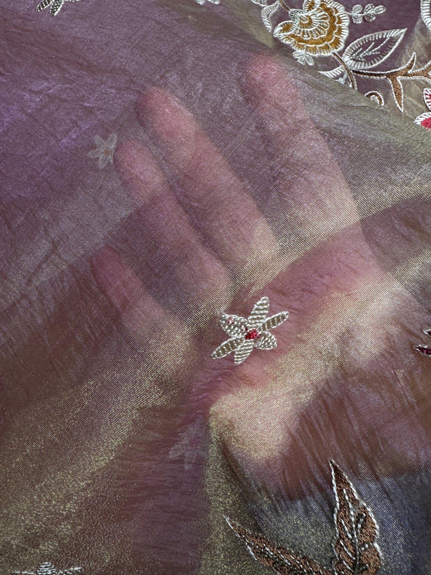 Gold Mauve Organza Designer Tissue Sequence Saree