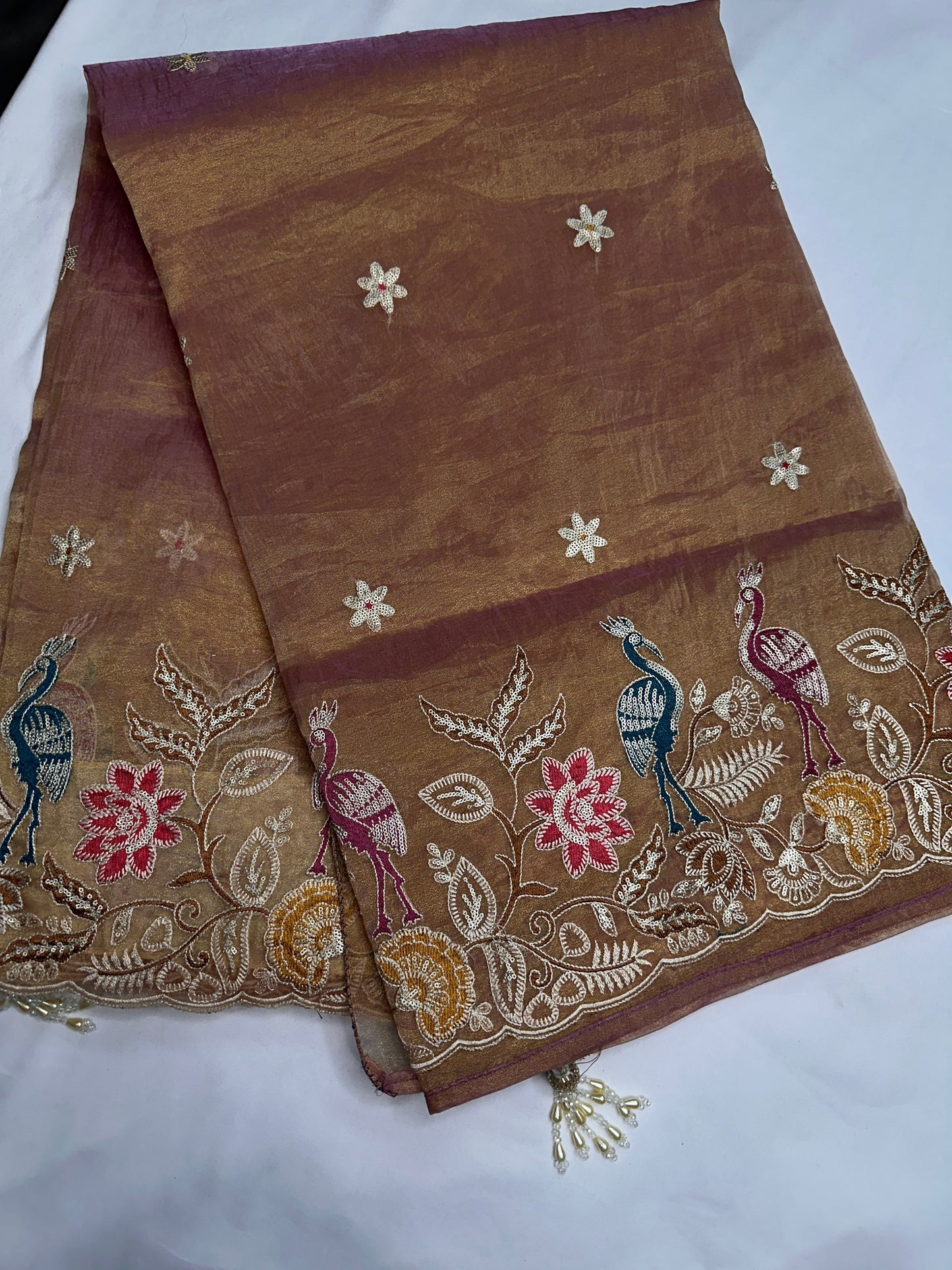 Gold Mauve Organza Designer Tissue Sequence Saree