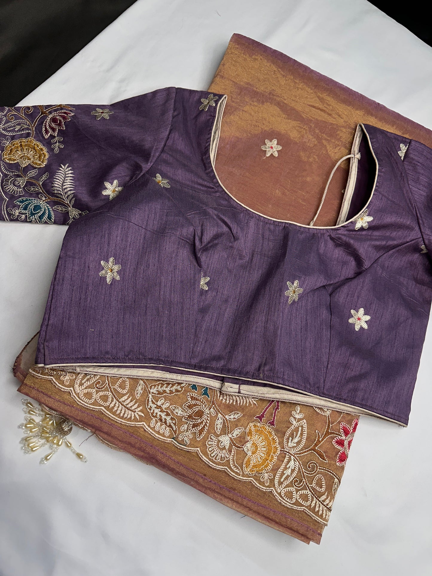 Gold Mauve Organza Designer Tissue Sequence Saree