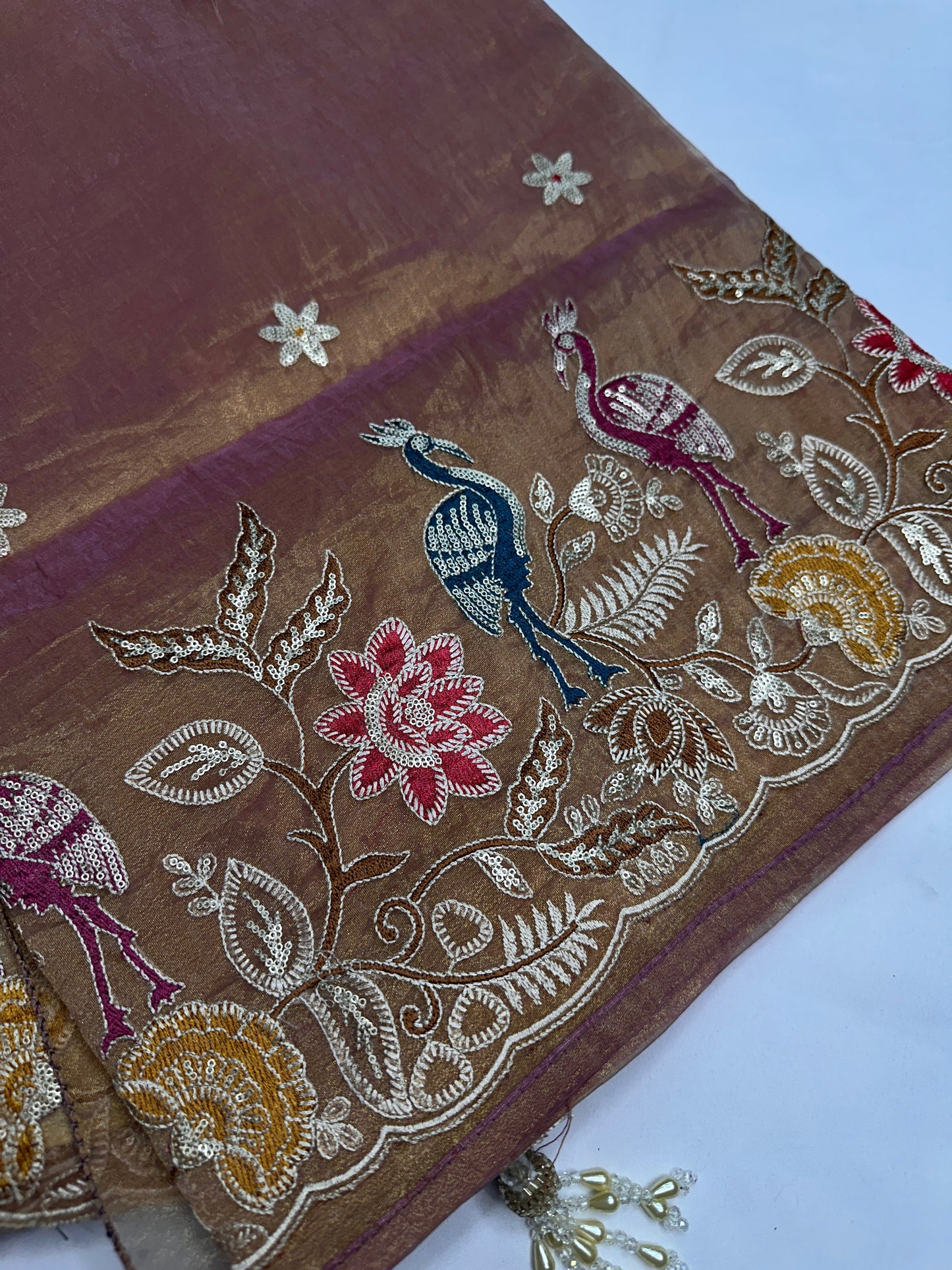 Gold Mauve Organza Designer Tissue Sequence Saree