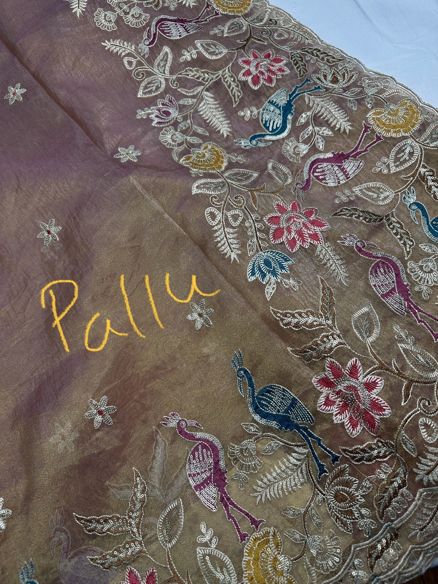 Gold Mauve Organza Designer Tissue Sequence Saree