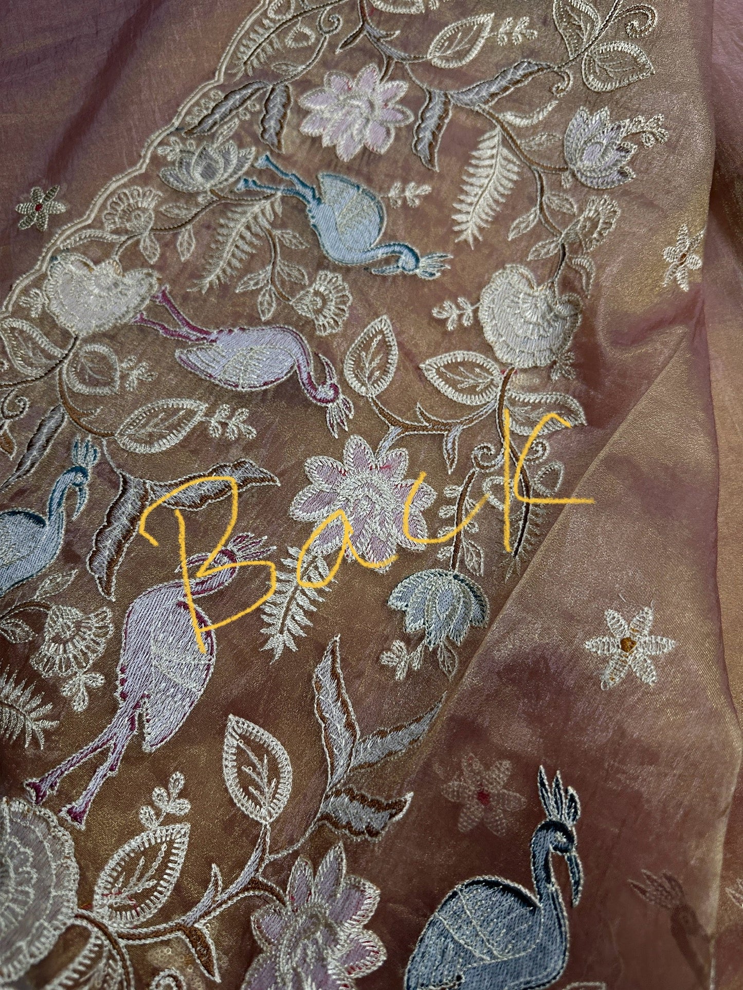 Gold Mauve Organza Designer Tissue Sequence Saree