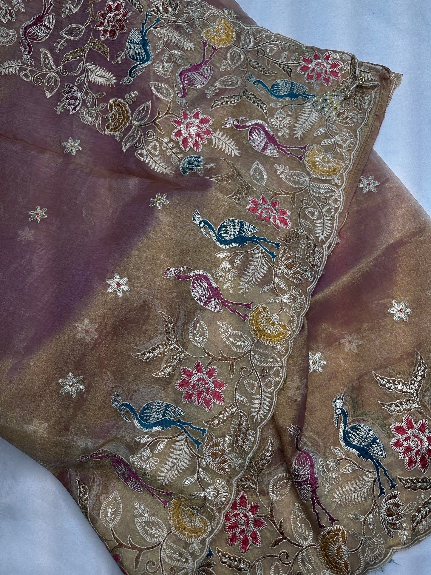 Gold Mauve Organza Designer Tissue Sequence Saree