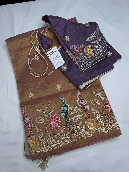 Gold Mauve Organza Designer Tissue Sequence Saree