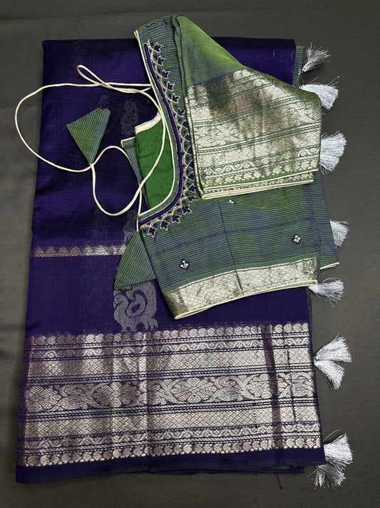 Purple GreenMangalgiri Pure Silk Handloom Saree