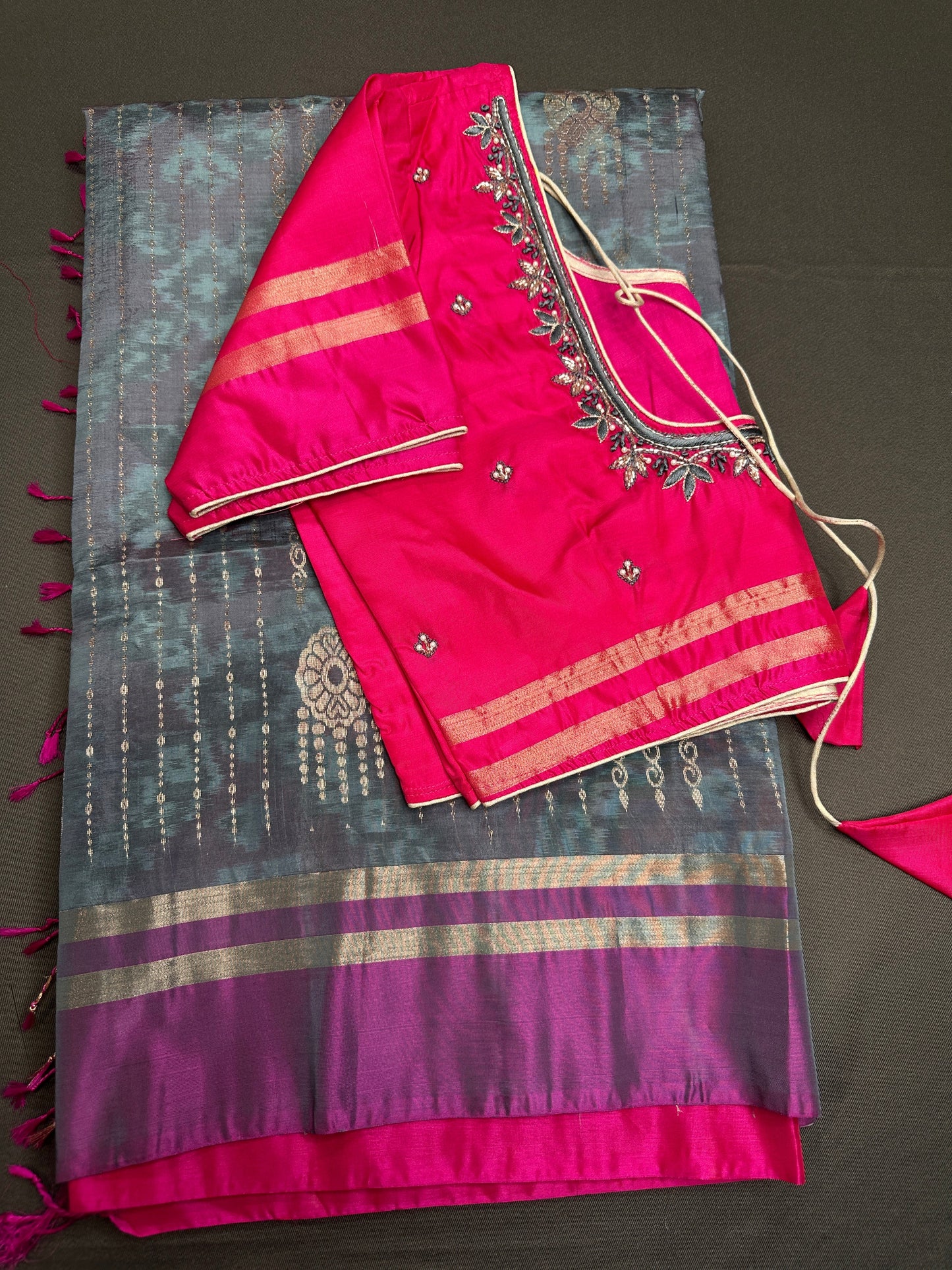 Greyish Blue Pink Uppada light Weight  Silk  Saree